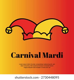 Cartel del Vector del carnaval de Mardi Gras, sombrero del bufón con la ilustración de las campanas, diseño festivo de la celebración del partido