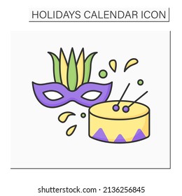 Carnival and Mardis Gras color icon. Saturday before Ash Wednesday.Two-week festival before Lent. Carnaval in Rio de Janeiro. Holidays calendar concept. Isolated vector illustration