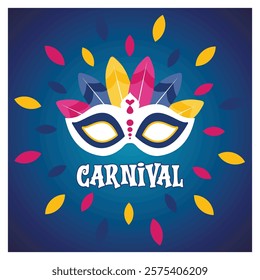 Carnival mask adorned with vibrant feathers, surrounded by colorful confetti on a deep blue background. Represents festive celebrations, joy, and tradition. Flat vector modern illustration 