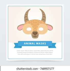 Carnival mask of antelope with horns. Cute animal muzzle. Element of children s party costume. Flat vector design for greeting card on invitation flyer