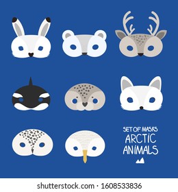 Carnival mask of arctic animals cartoon. arctic hare, arctic fox, killer whale, polar owl, reindeer, gull, seal, polar bear. children's mask on the eyes of a masquerade. vector