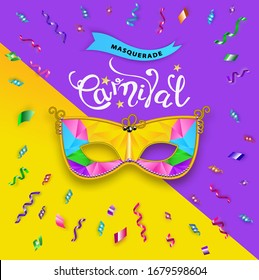 Carnival Mask banner on violet yellow background. Happy carnival festive concept. Vector illustration . Mardi gras. Serpentine with shadow around Carnival Mask. Serpentine in circle