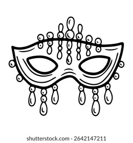 Carnival mask with beads. Hand drawn doodle vector. Secret face. Masquerade costume accessory. Festival decoration. Retro party. Fashion, vintage style. Illustration line art element.