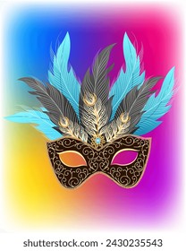 Carnival mask for the cheerful Jewish holiday of Purim confetti colorful background place for inscription Vector