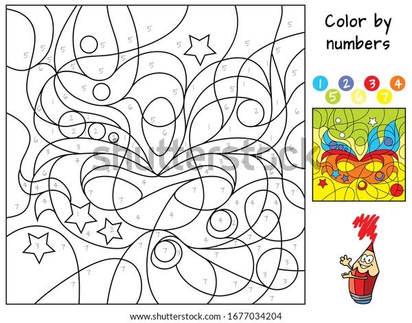 カーニバルの仮面 数字で色分けします 塗り絵 子ども向けの教育パズルゲーム 漫画のベクターイラスト のベクター画像素材 ロイヤリティフリー