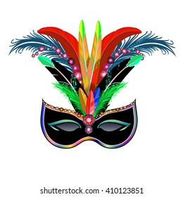 Carnival mask with colored feathers and rhinestones isolated on white background.