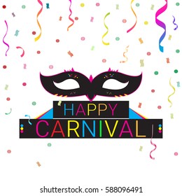 Carnival Mask With Colorful Confetti And Ribbon On White Background. Vector