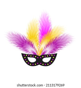 Carnival mask with colorful feathers isolated on white background. Masquerade party. Vector illustration