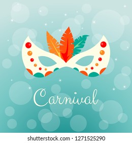 Carnival mask with colorful feathers  on blue background.
