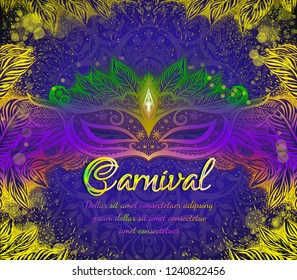 Carnival mask with colorful feathers for woman face on the violet background with gold branches. Romantic banner for Mardi Gras festival. New Orleans holidays.