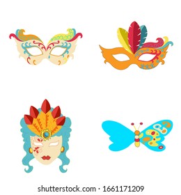 Carnival Mask ,colorful mask with light butterflies mask, Carnival or Party Headband, Girl Masks and Glasses flat Vector Set ,Fancy mask Carnival items set isolated icons on white background.