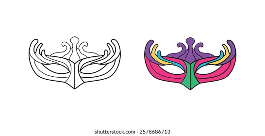 Carnival mask coloring page. Children activity, hobby. Painting. Black and white contour. Vector.