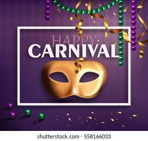 Carnival Mask Concept with Frame Confetti and Ribbons on Purple Background