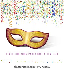 Carnival mask and confetti on white background with place for your text - vector illustration