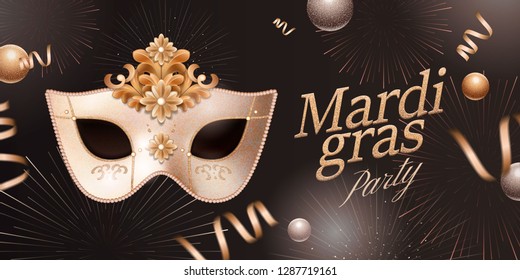 Carnival mask design with firework and streamers on black background in 3d illustration