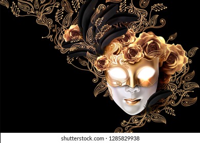 Carnival mask design with golden roses and line plants doodles on black background in 3d illustration