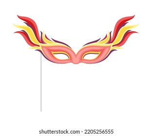 Carnival Mask with Feather with Pole as Accessory for Festive Party Celebration Vector Illustration