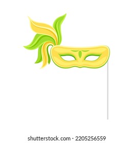 Carnival Mask with Feather with Pole as Accessory for Festive Party Celebration Vector Illustration