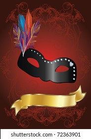 carnival mask with feathers and diamonds on red background