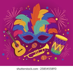 Carnival. Carnival mask, feathers, drum, guitar and fireworks, garland on bright background. Hand drawn vector.