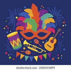 Carnival. Carnival mask, feathers, drum, guitar and fireworks, garland on blue background. Hand drawn vector.