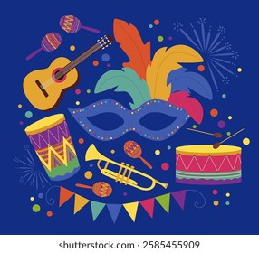 Carnival. Carnival mask, feathers, drum, tambourine and fireworks, garland on blue background. Hand drawn vector.