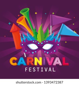 carnival mask with feathers and flags decoration with trumpet
