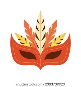 Carnival mask with feathers flat design vector icon. Venetian or Brazilian masquerade feathered mask isolated on white background.