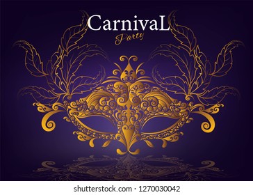 Carnival mask with feathers gold color on beautiful background.Line art with hand drawn lettering for poster, greeting card, party invitation, banner or flyer. Vector Illustration. 