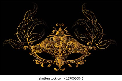 Carnival mask with feathers gold color on beautiful background.Line art with hand drawn lettering for poster, greeting card, party invitation, banner or flyer. Vector Illustration. 