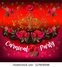 Carnival mask with feathers gold color and roses on beautiful background.Line art with hand drawn lettering for poster, greeting card, party invitation, banner or flyer. Vector Illustration. 