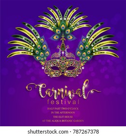 Carnival mask with feathers with gold pattern and crystals on paper color.