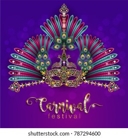 Carnival mask with feathers , gold pattern and crystals on paper color.