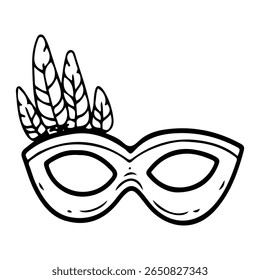 Carnival mask with feathers. Hand drawn doodle vector. Secret face. Masquerade costume accessory. Festival decoration. Fashion, vintage style. Illustration line art element.