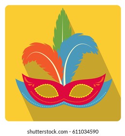 Carnival mask with feathers icon flat style with long shadows, isolated on white background. Vector illustration