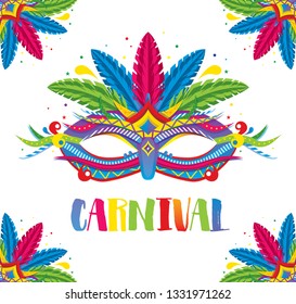Carnival Mask with Feathers Isolated on White. Vector illustration. 