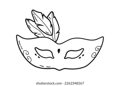 Carnival mask with feathers in linear doodle style isolated on white background. Festive element for holiday Purim, Mardi Gras