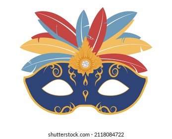 Carnival mask with feathers.  Masquerade colorful venetian mask. Flat design isolated on a white background. Vector.