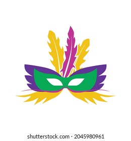A carnival mask with feathers. Masquerade mask in the style and colors of the Mardi Gras carnival. Vector illustration isolated on a white background for design and web.