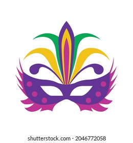 A carnival mask with feathers. Masquerade mask in the style and colors of the Mardi Gras carnival. Vector illustration isolated on a white background for design and web.