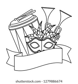 carnival mask with feathers and musical instruments