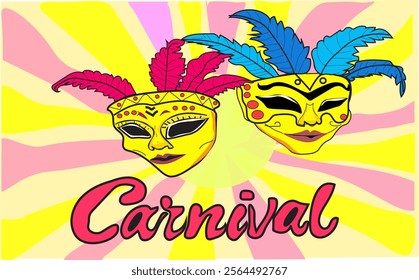 carnival mask with feathers, on abstract background.