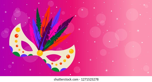 Carnival mask with feathers on pink background. Long banner