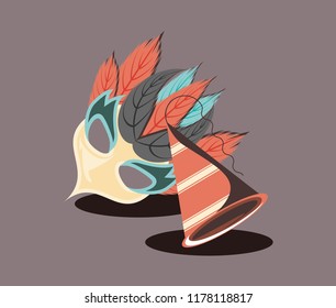 carnival mask with feathers and party hat retro