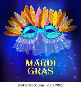 Carnival mask with feathers and veil for masquerade on a dark background with bright sparks.