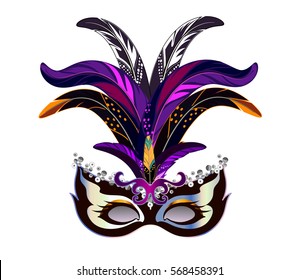 Carnival mask with feathers for Venetian or Mardi Gras festival isolated on white.