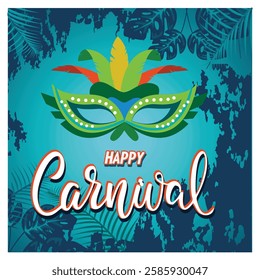 Carnival mask featuring colorful feathers, decorative details, and tropical leaves background. Perfect for festive occasions, celebrations, or themed designs emphasizing joy and festivity.