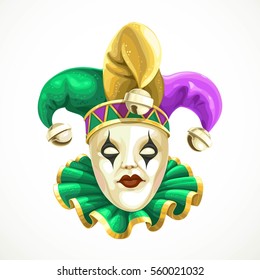Carnival mask in fool's cap with bells Mardi Gras isolated on white background