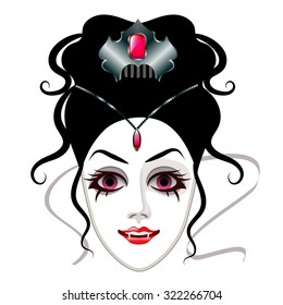 Carnival mask in the form of the head vampire. At the top of a stylish hairstyle is precious hairpin with a large red stone like ruby.