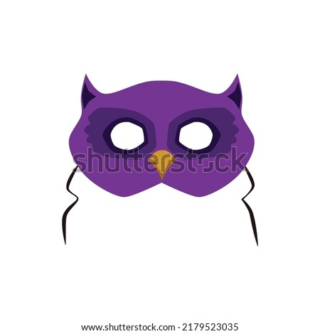 Carnival mask in the form of an owl face with ties, flat vector illustration isolated on white background. Carnival, birthday party or masquerade owl bird mask.